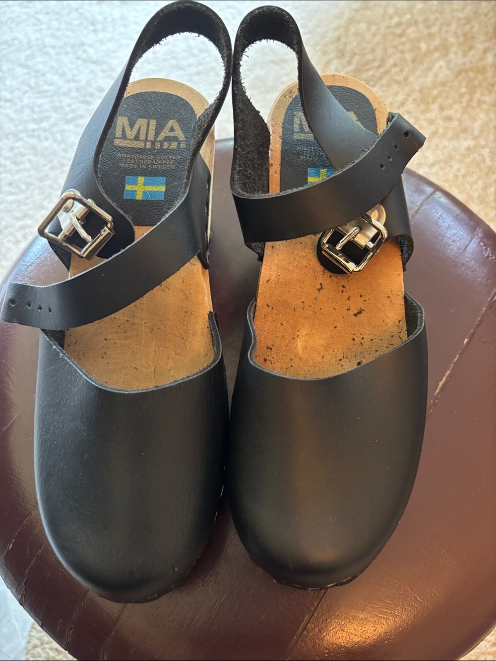 MIA Black Leather Buckle Slingback Clogs
